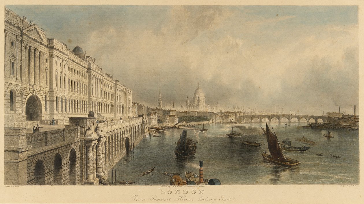 "Az angliai London látképe a Somerset House tengerészeti épületből, a Szent Pál-székesegyházzal és a London-híddal. Litográfia alkotó: Thomas Allom