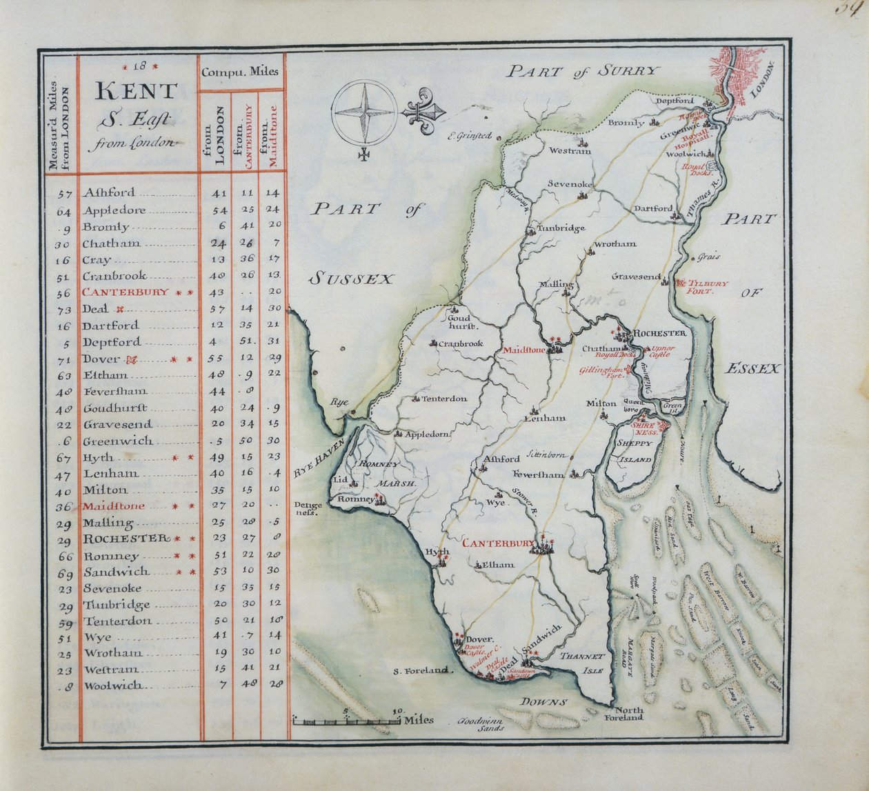 Kent, 39r. lemez, Anglia és Wales általános térképeinek teljes készletéből..., 1724 (toll, tinta és WC papíron) alkotó: Thomas Badeslade