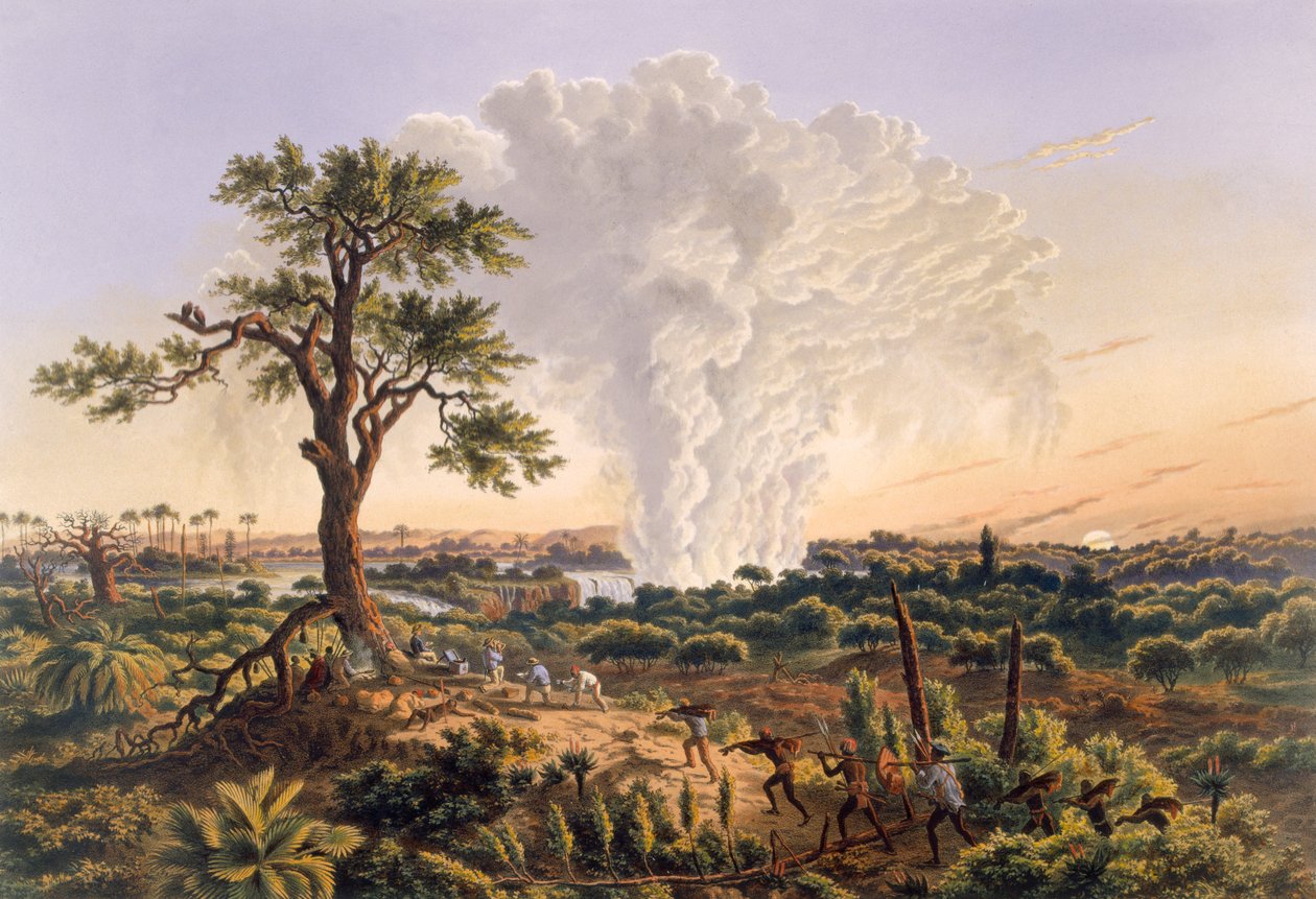 A vízesés napfelkeltekor, a vízpára felhő 1,200 láb magasra emelkedik, 1865 (színes nyomat) alkotó: Thomas Baines