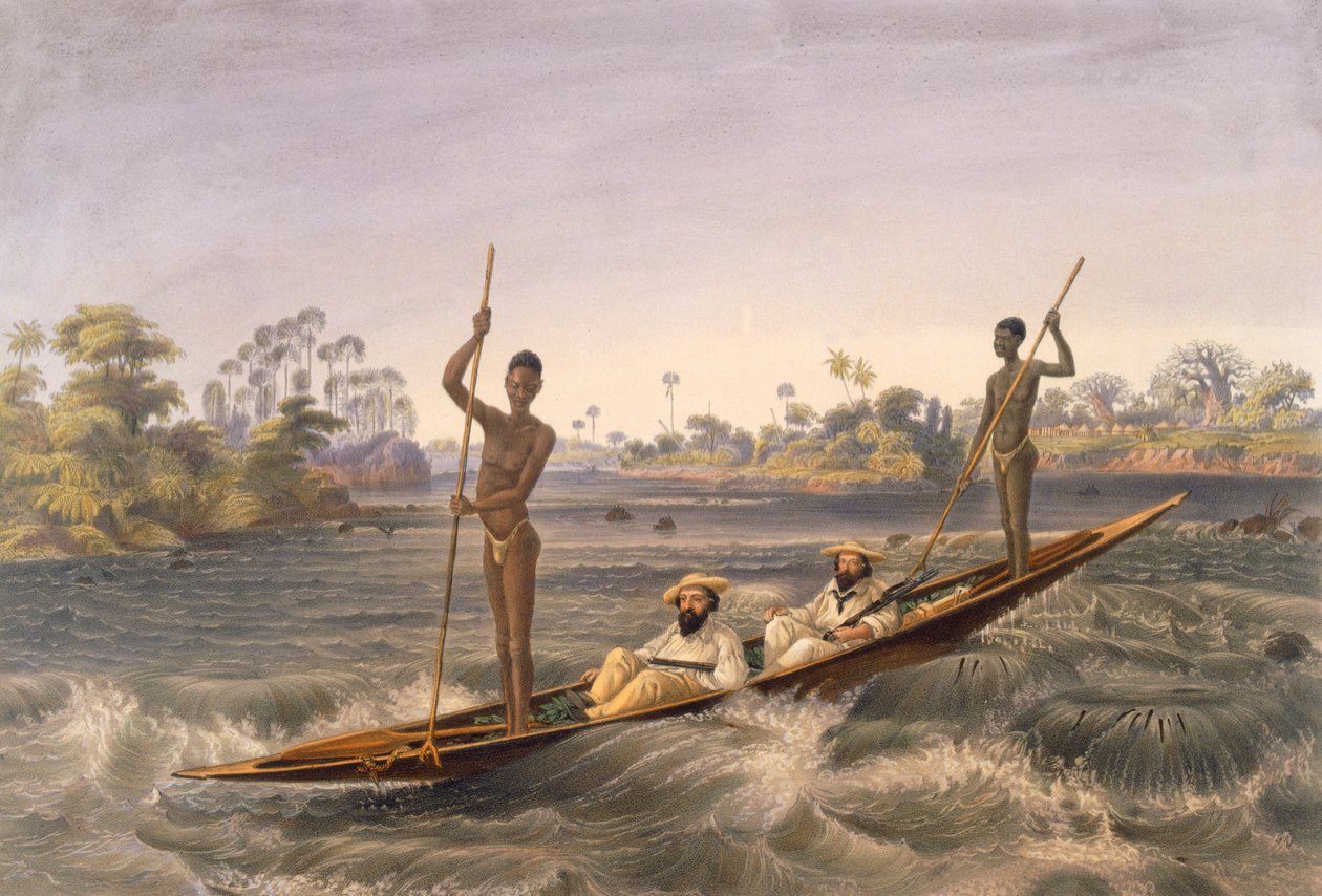 Zanjueelah, a zuhatag csónakosa, kocsma. 1865. alkotó: Thomas Baines