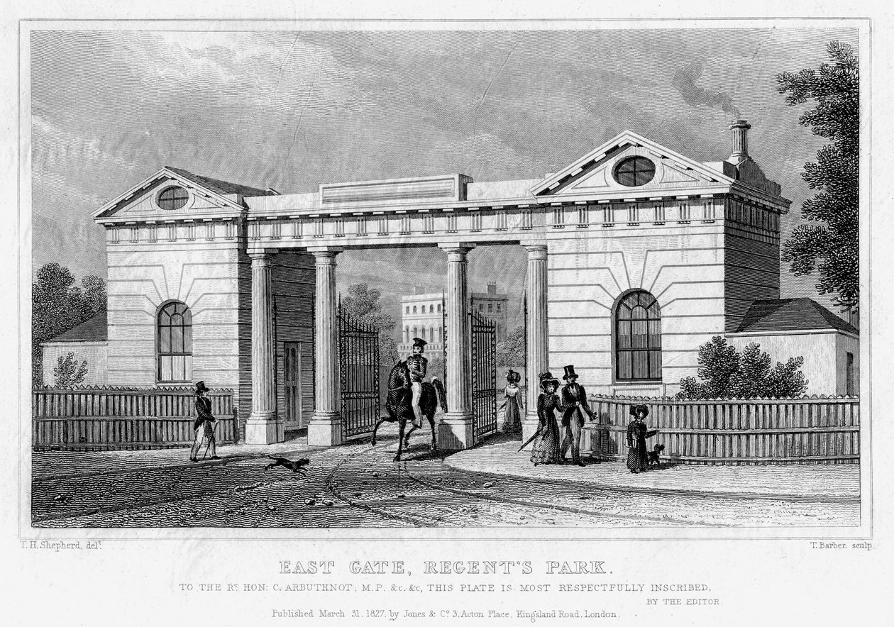 East Gate, Regents Park, London, 1827. alkotó: Thomas Barber