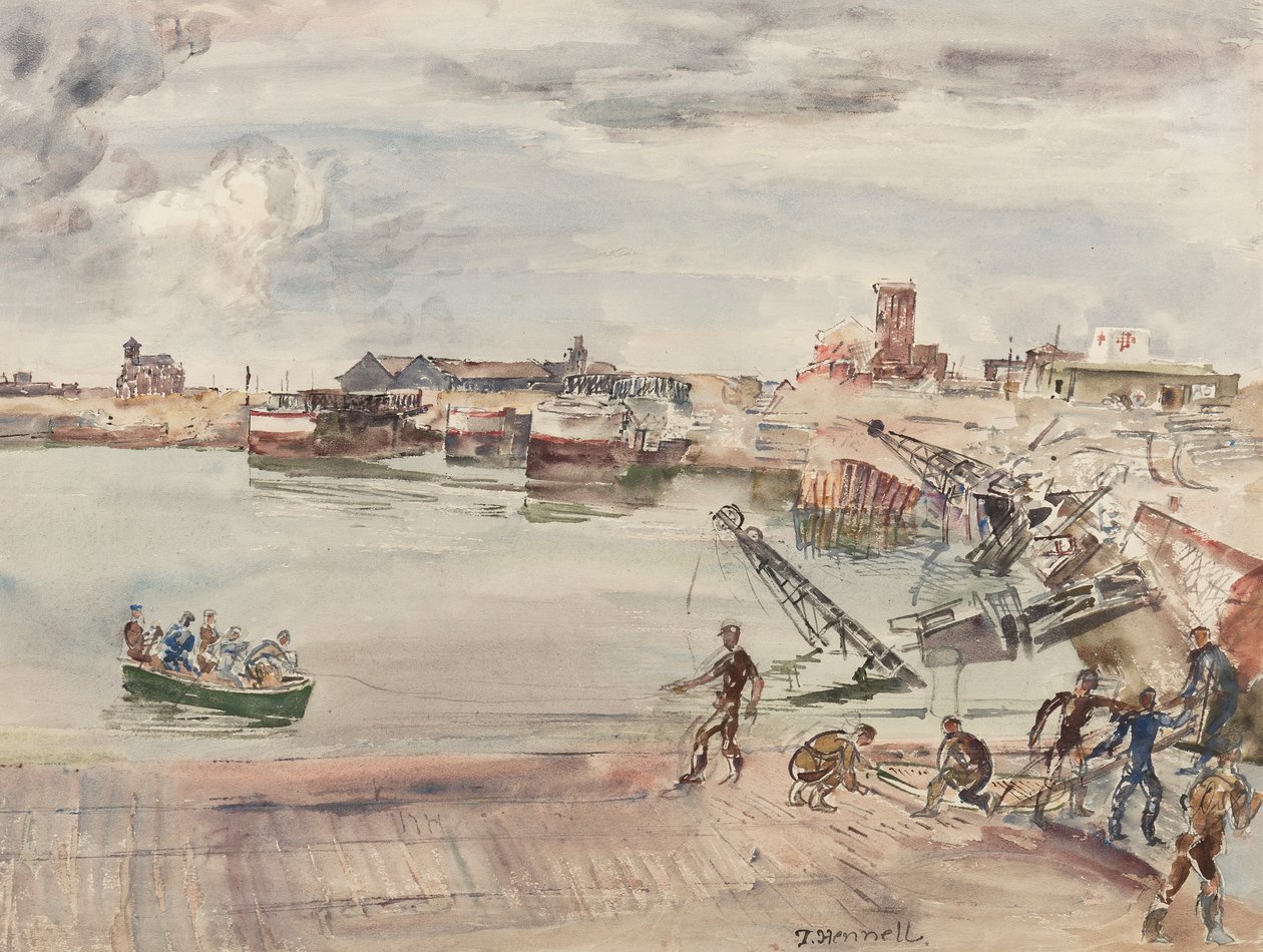 A Calais Bassin Ouest kikötő raktárából (sic) dokkoltak, 1944 (ceruza, toll, tinta, ecset és WC papíron) alkotó: Thomas Barclay Hennell