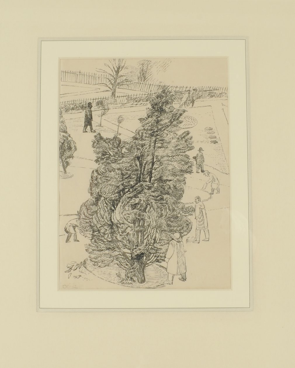 Figurák a Parkban; – A férfiak hallgattak, a fák beszéltek. Illusztráció a Tanúknak, 1938 előtt (toll és tinta papíron) alkotó: Thomas Barclay Hennell