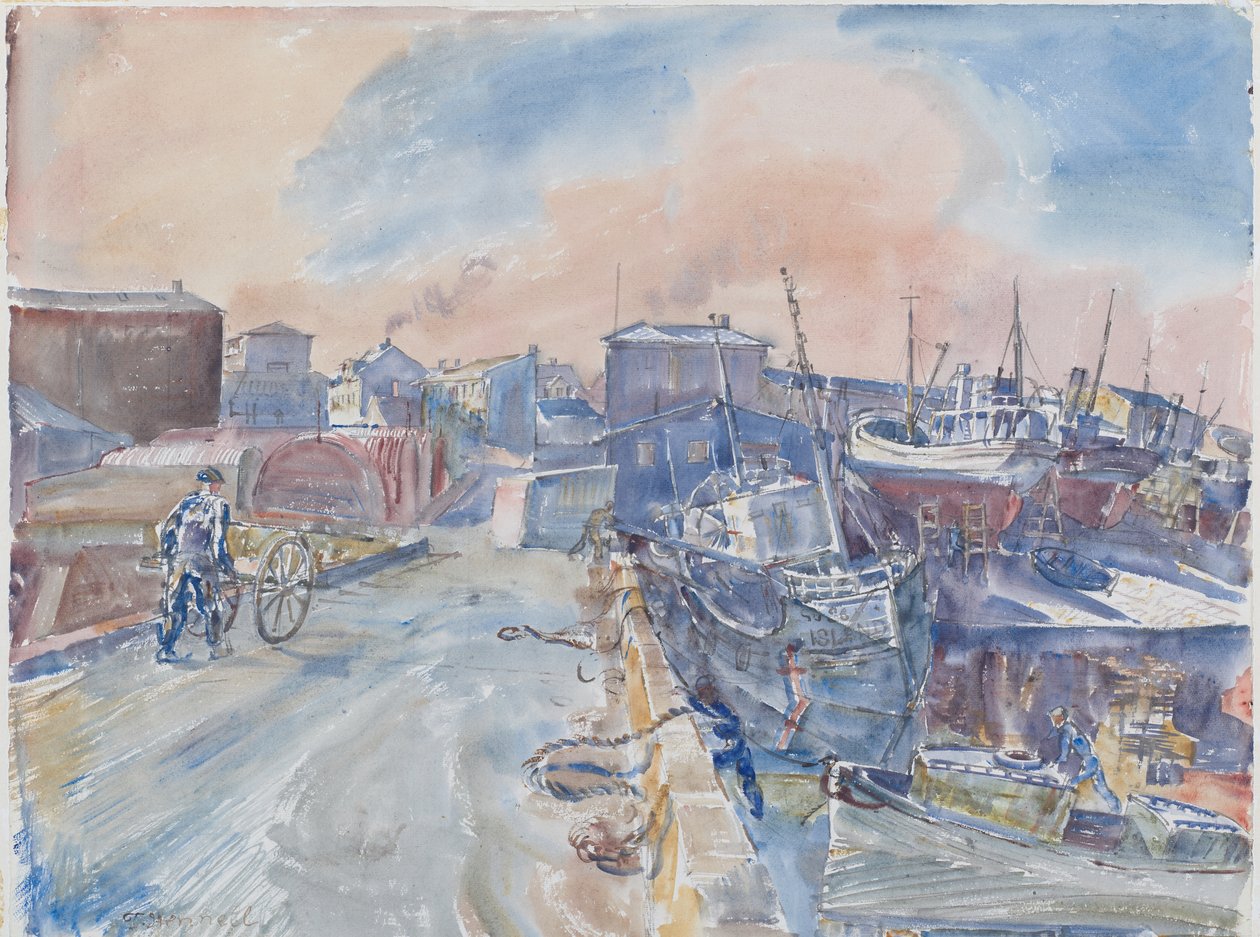 Reykjavik a fő rakpartról, Frosty Morning, Izland, 1930 körül (akvarell és ceruza papíron) alkotó: Thomas Barclay Hennell