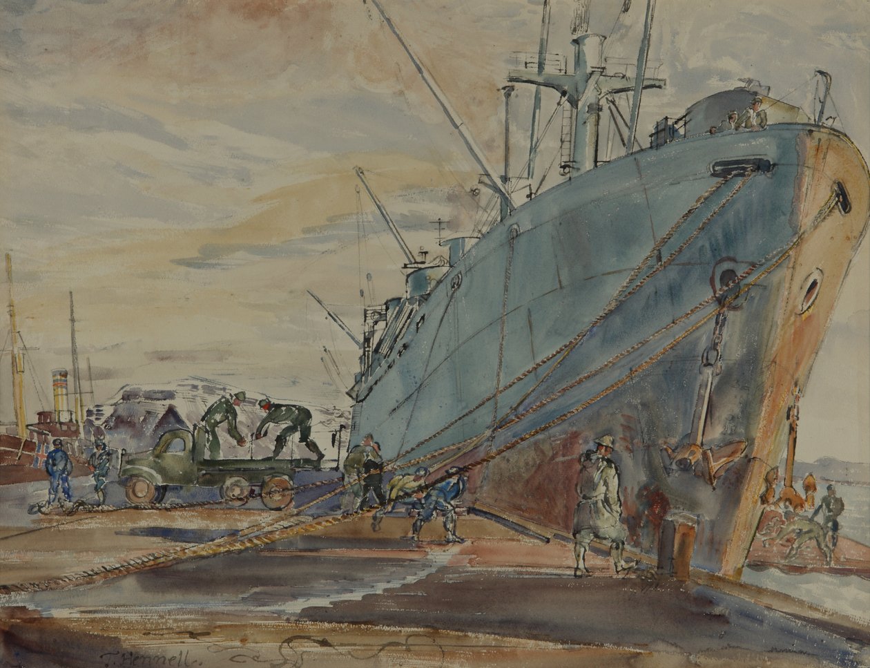 US Liberty Ship (akvarell, papír) alkotó: Thomas Barclay Hennell