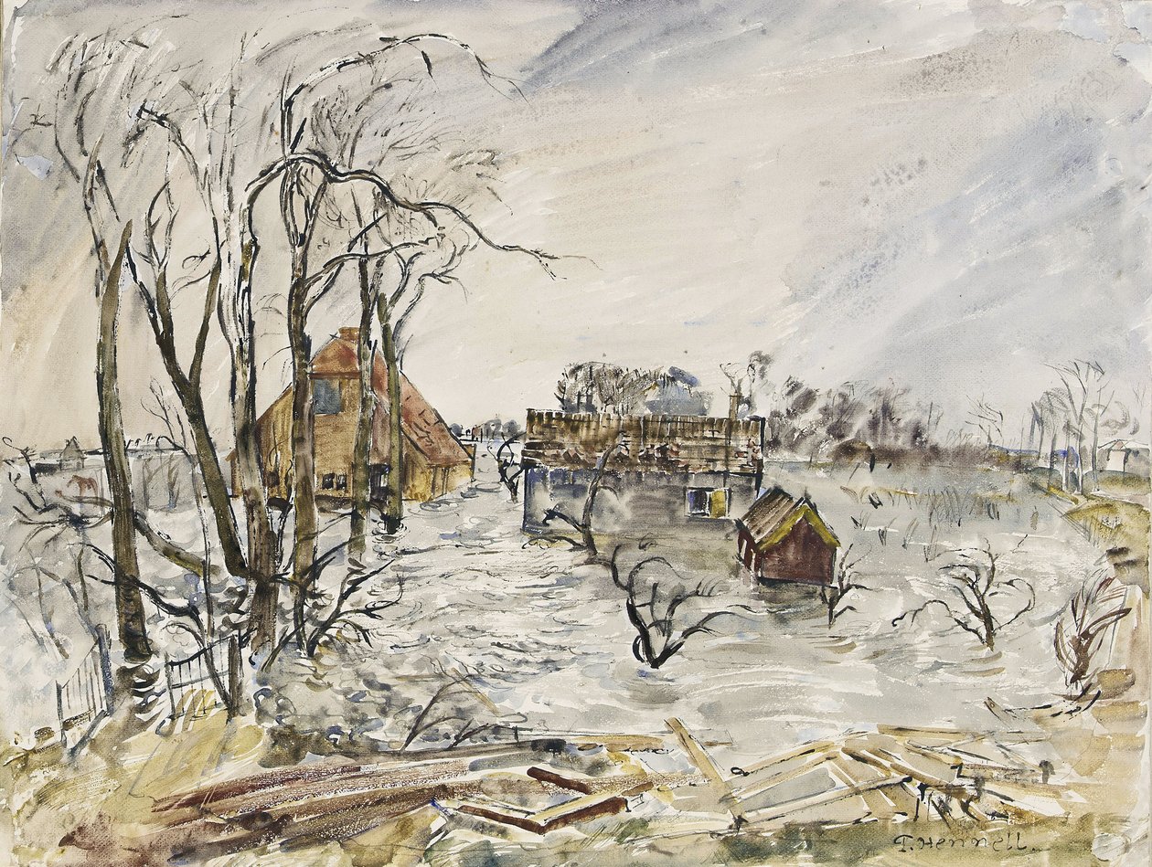 Walcheren-sziget (Hollandia) elárasztva. Thomas Hennel (1903-1945) festménye, akvarell, 1944. alkotó: Thomas Barclay Hennell