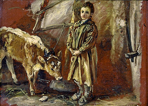 Fiú kikötözött borjúval (olaj, vászon) alkotó: Thomas Barker