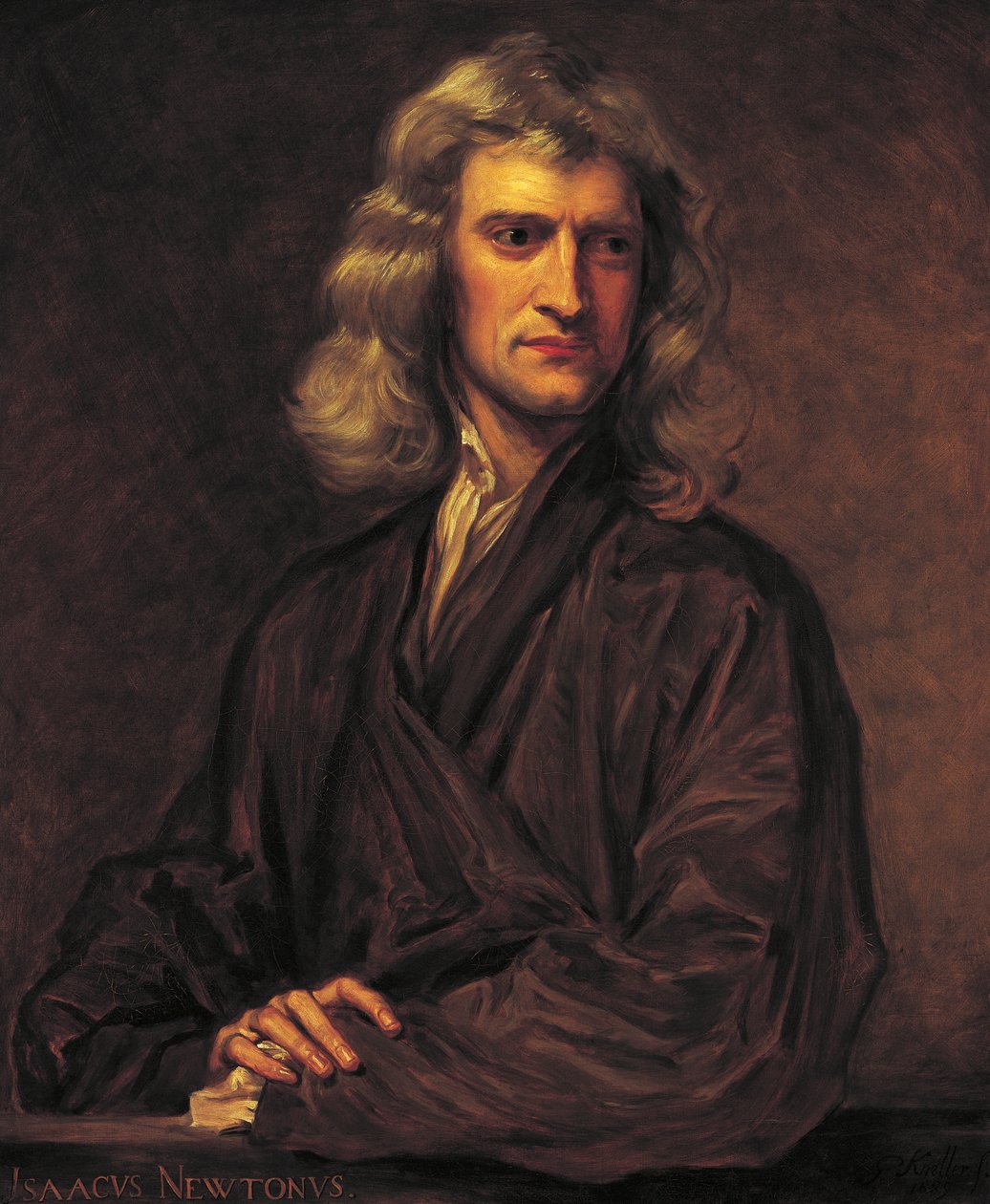 Isaac Newton portréja, Sir Godfrey Kneller 1689-es eredetije után alkotó: Thomas Barlow