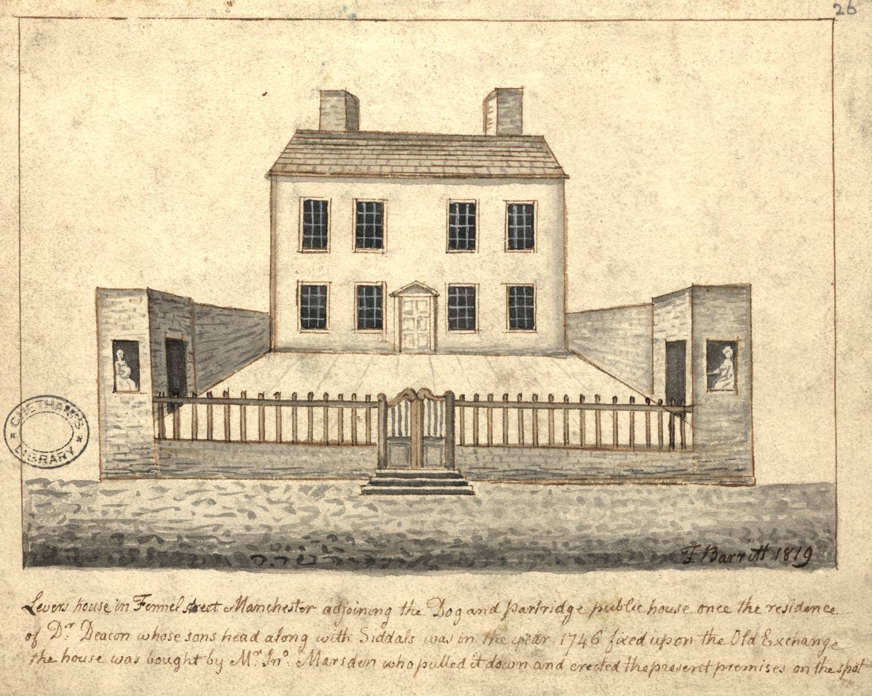 Levers House, Manchester, 1819 (toll, tinta és mosás papíron) alkotó: Thomas Barritt
