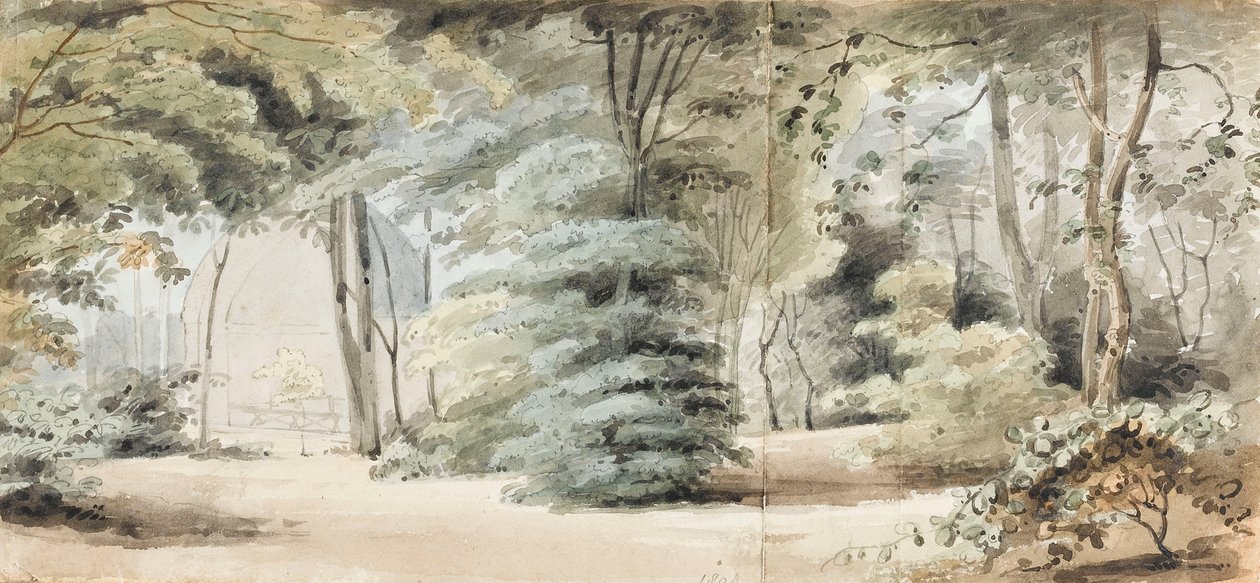 Merton kertjének egy része, lugas és fák (recto) alkotó: Thomas Baxter