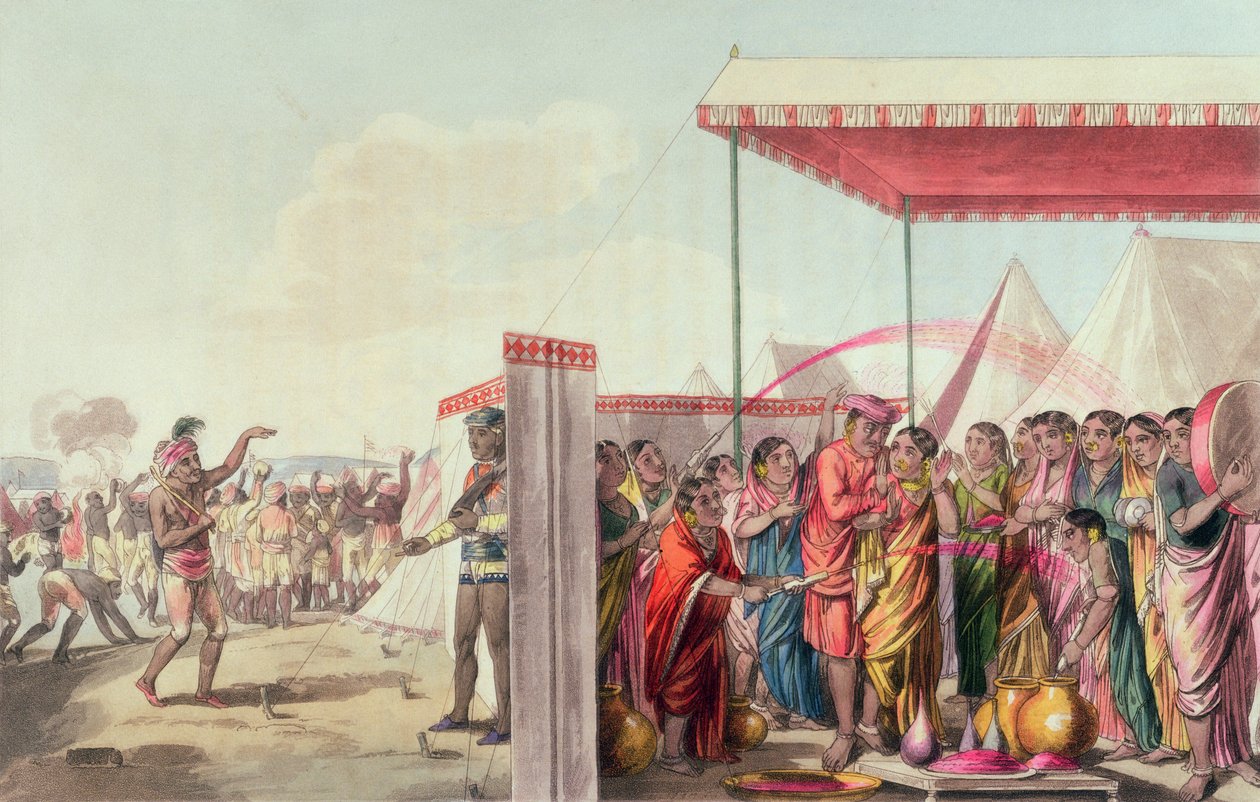 Playing the Hohlee, „A Mahratta Camp” című filmből, 1813. április 5. (színes metszet) alkotó: Thomas Baxter