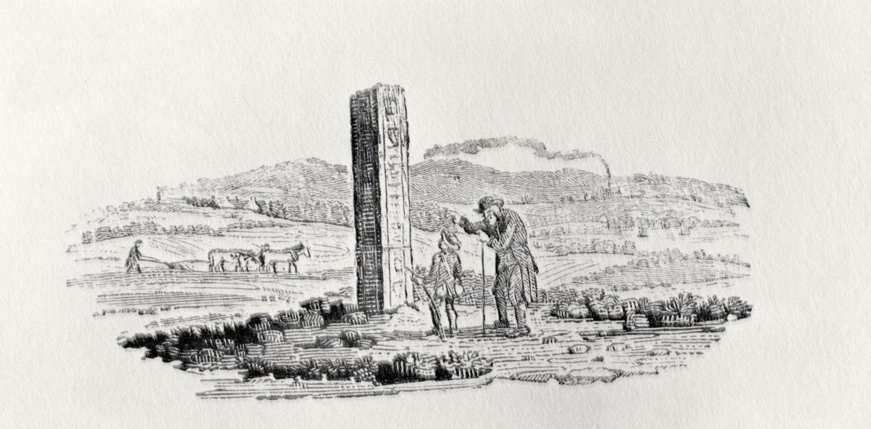 Férfi és fiú egy emlékmű mellett a „Britan madarak és négylábúak története” című filmből alkotó: Thomas Bewick
