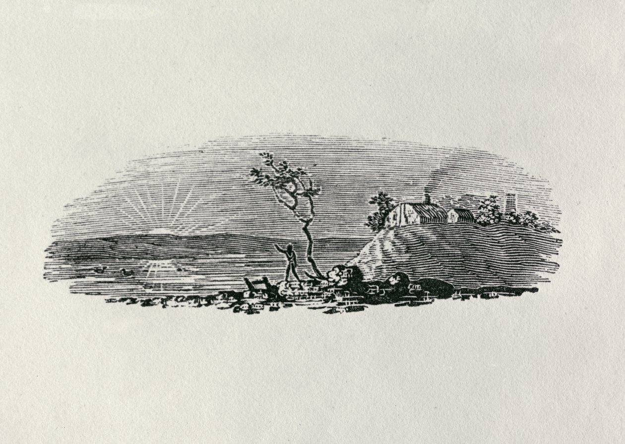 Téli naplemente a Brit madarak és négylábúak története című filmből (bw metszet) alkotó: Thomas Bewick