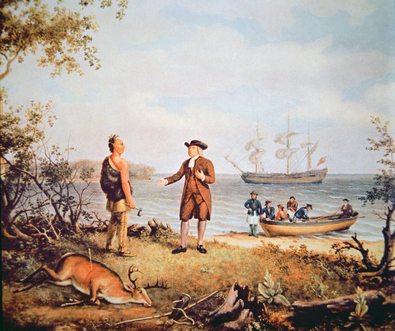 William Penn először érkezik Amerikába, és 1682-ben találkozik egy indiánnal (olaj, vászon) alkotó: Thomas Birch