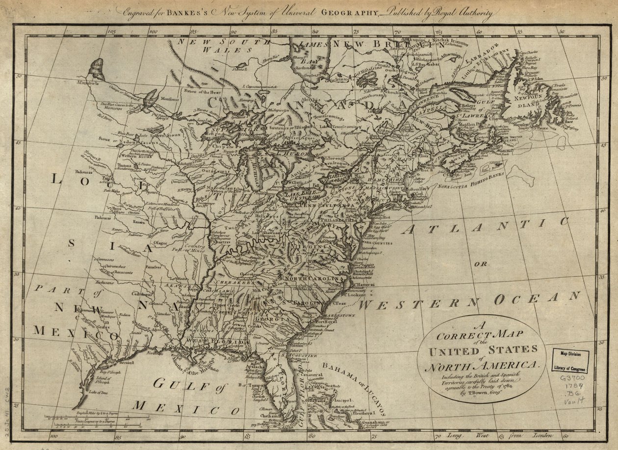 Az Észak-amerikai Egyesült Államok helyes térképe; beleértve a brit és spanyol területeket, gondosan lerajzolva az 1784. évi szerződésnek megfelelően. LOC 74692103 alkotó: Thomas Bowen