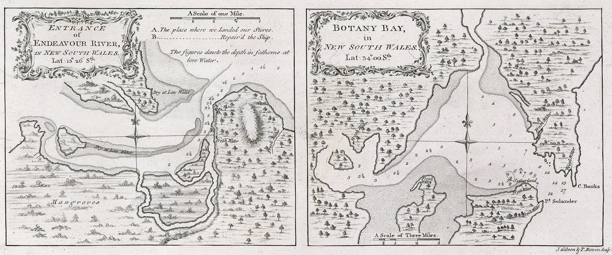 James Cook kapitány térképei az Endeavour folyó és az új-dél-walesi Botany-öböl bejáratáról alkotó: Thomas Bowen
