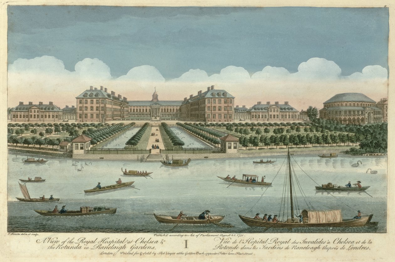 Kilátás a chelsea-i királyi kórházra és a Rotundára a Ranelagh Gardensben, pub. Robert Sayer, 1751 alkotó: Thomas Bowles