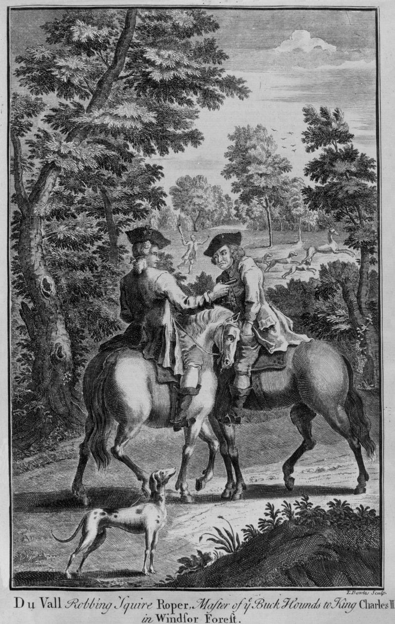 Claude Duval kirabolja Squire Ropert, a Buckhounds mesterét II. Károly királynak a Windsori erdőben alkotó: Thomas Bowles