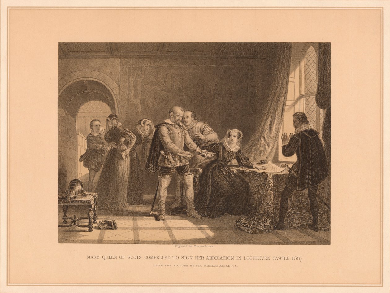 Mária skót királynő kénytelen aláírni lemondását a Lochleven kastélyban, 1567, 1878 alkotó: Thomas Brown