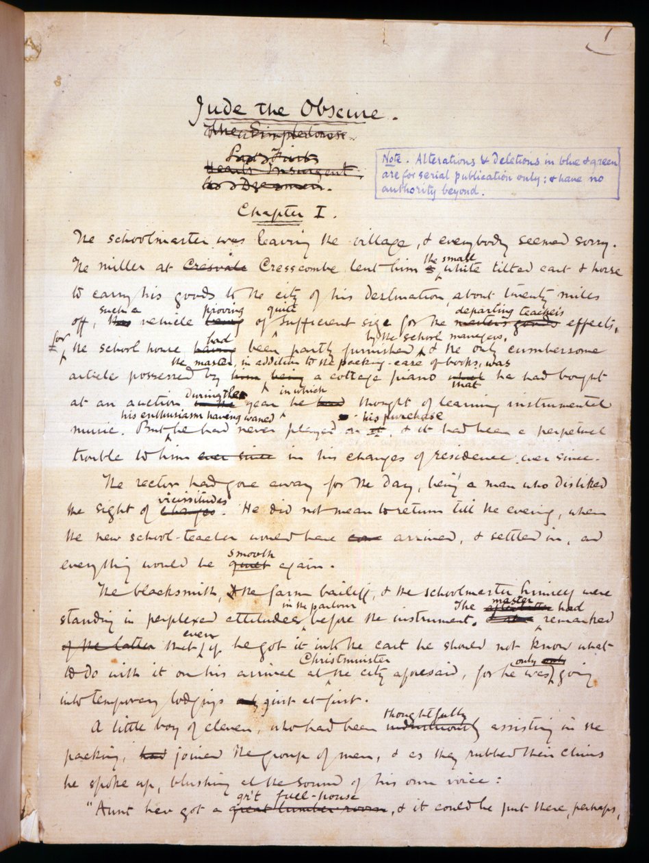 Ms 1-1911, 1. o. Oldal a „Jude the Obscure”-ból, 1894 körül (tinta papíron) alkotó: Thomas Bush Hardy