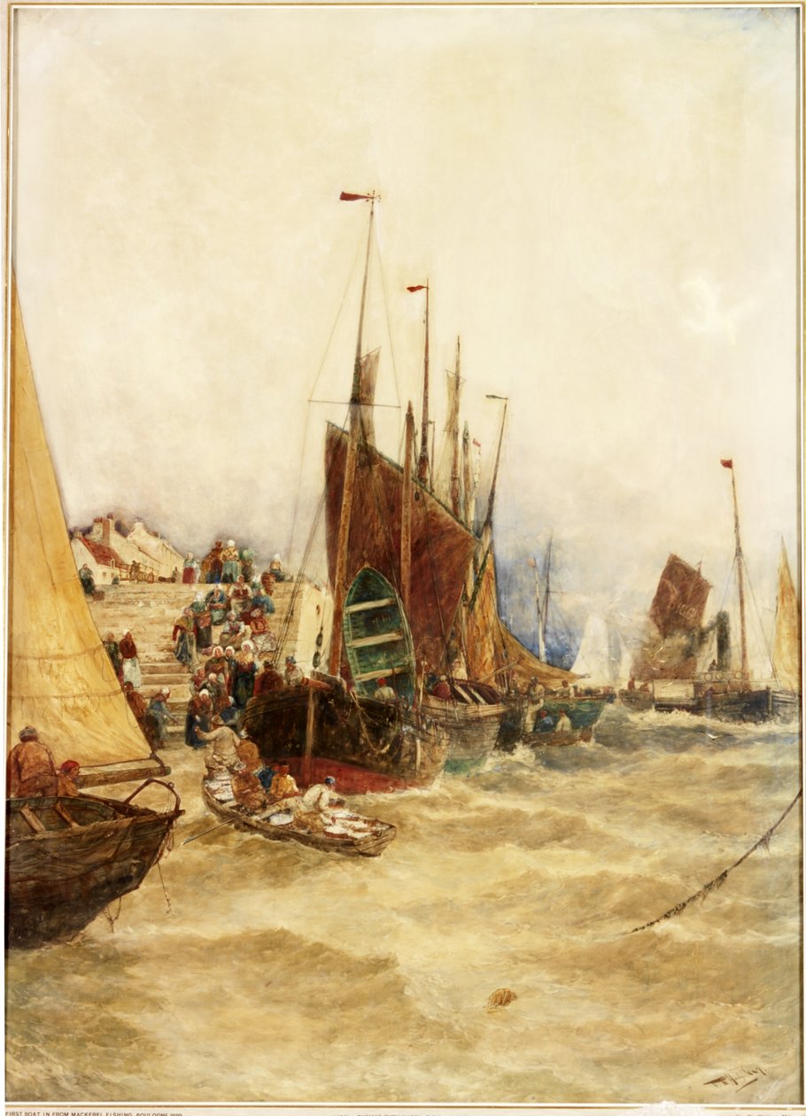 Az első hajó a makrélahalászatból, Boulogne, 1889 (akvarell, vászonra fektetett papír) alkotó: Thomas Bush Hardy