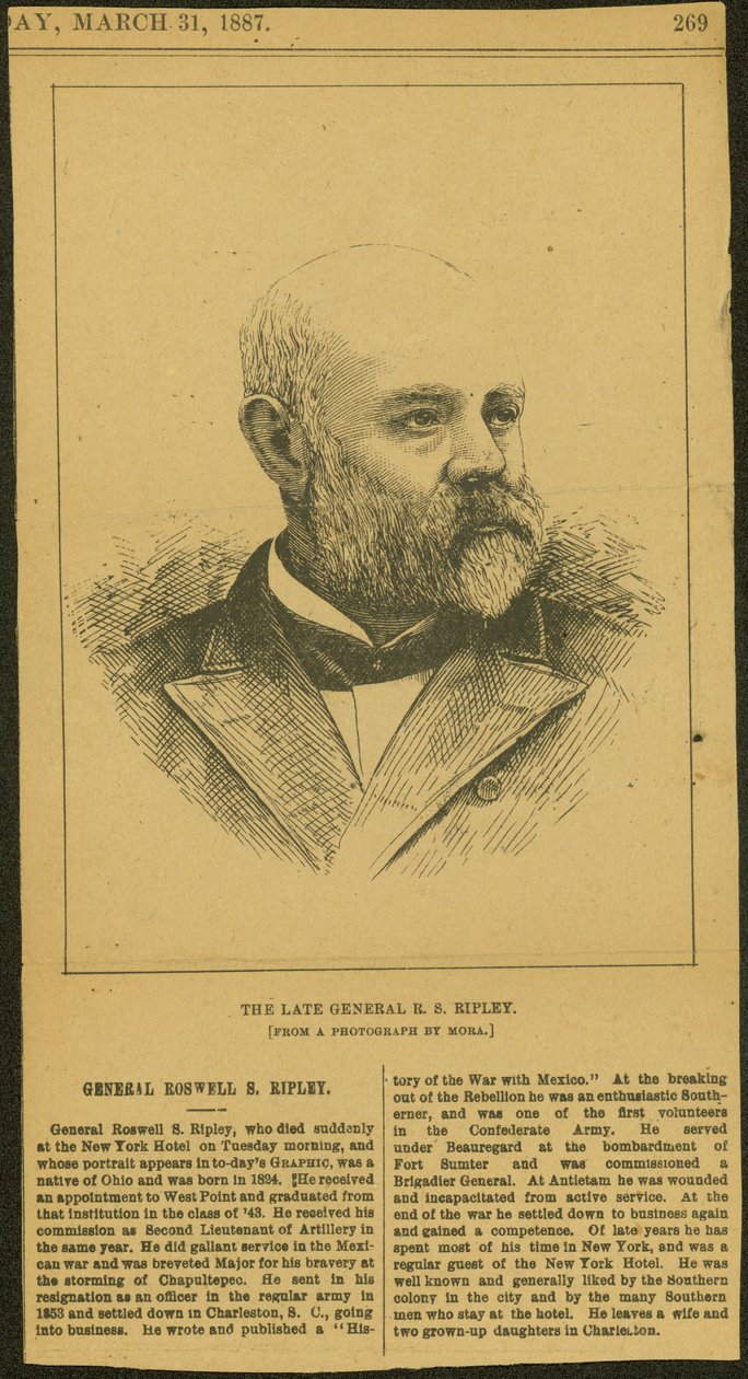 R.S. tábornok nekrológja és metszete Ripley alkotó: Thomas Butler Gunn