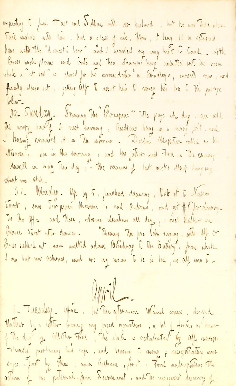Thomas Butler Gunn naplói- 2. kötet, 70. oldal, 1851. március 29. és április 1. alkotó: Thomas Butler Gunn
