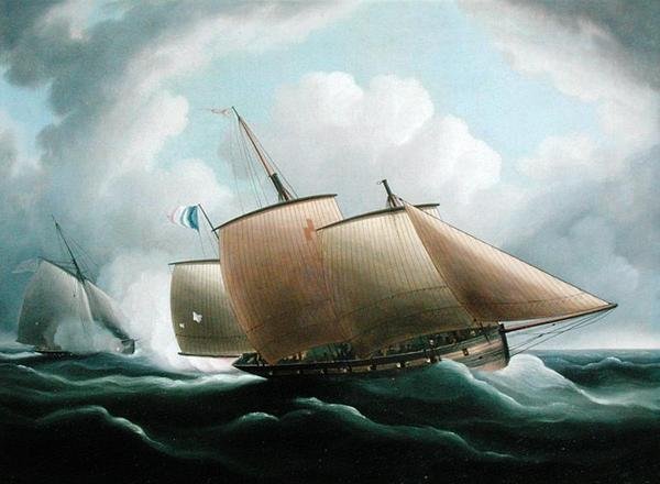 Egy francia lugger, akit egy angol vágó üldöz (olaj, vászon) alkotó: Thomas Buttersworth