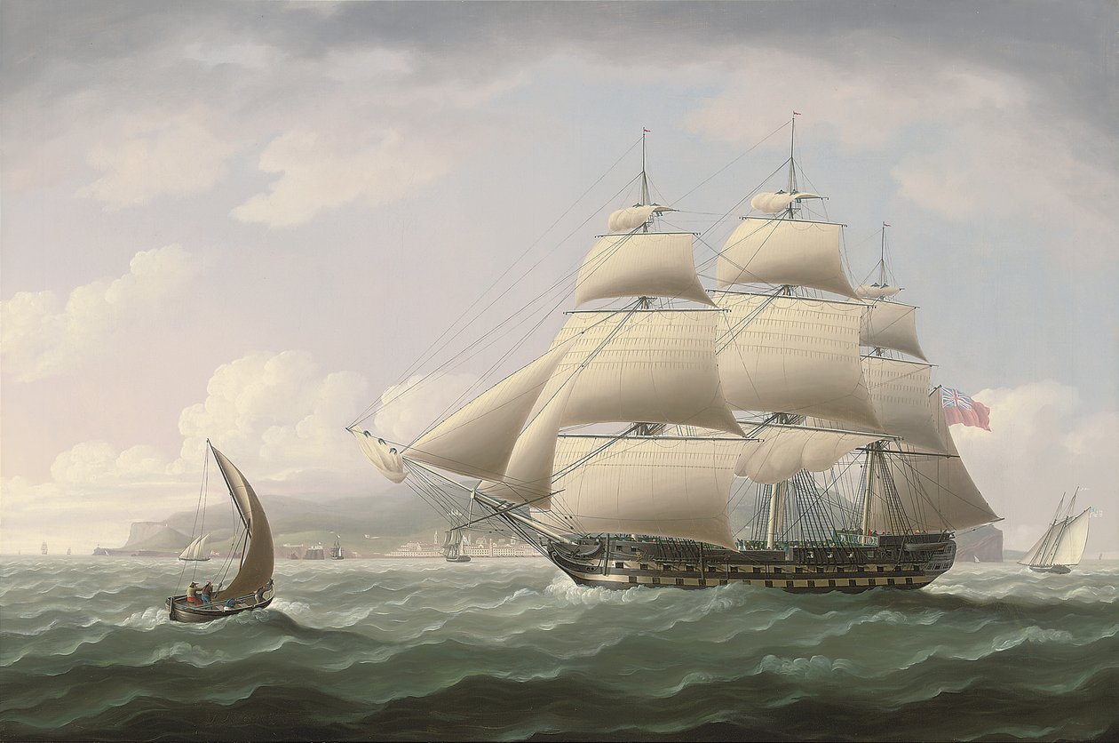 A Tiszteletreméltó Kelet-indiai Társaság Dunira nevű hajója a Funchal-öböl mellett halad el Madeira szigetén - Thomas Buttersworth alkotó: Thomas Buttersworth
