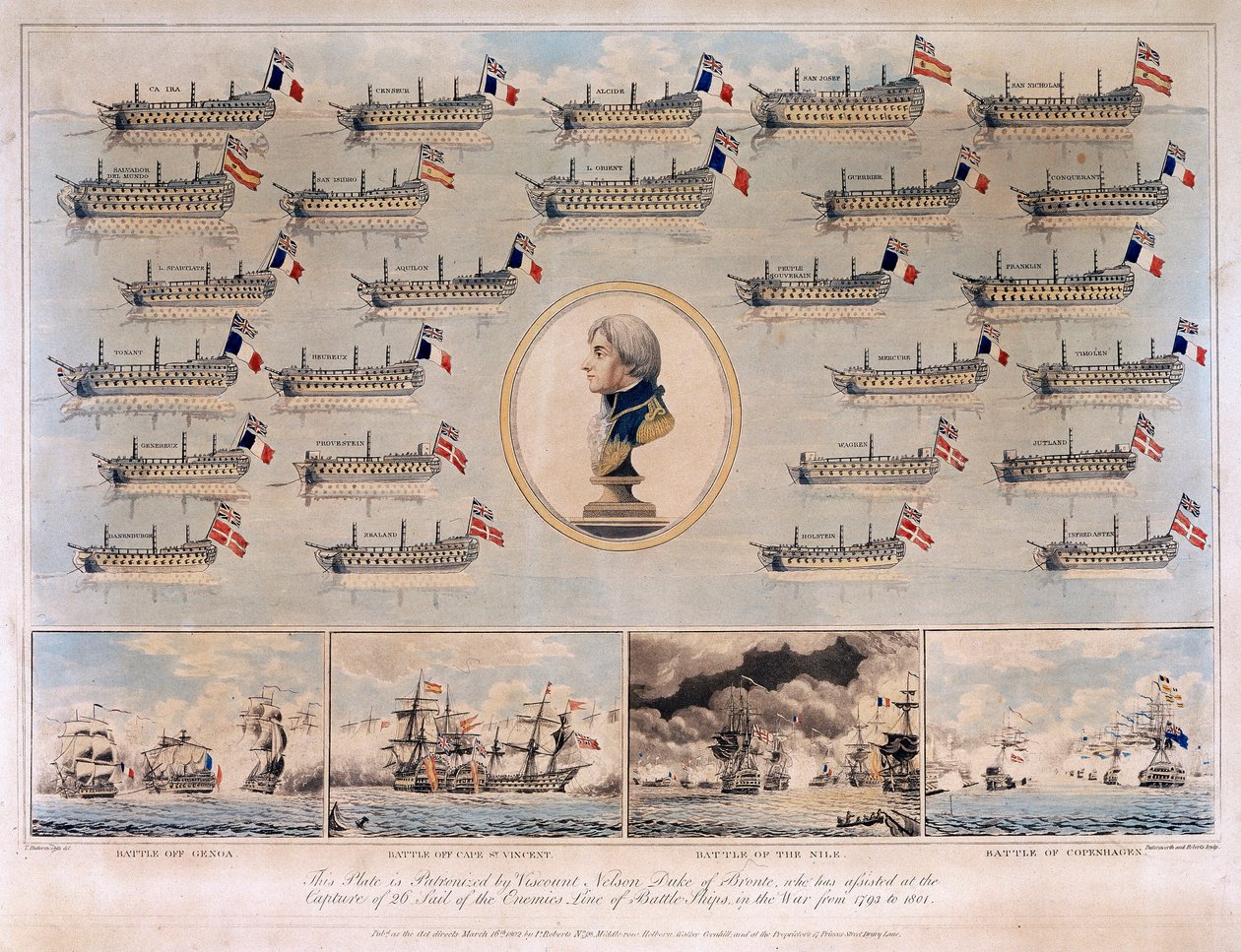 A Horatio Nelson (1758-1805) által 1793 és 1801 között, a genovai (vagy Cape Noli, Olaszország) tengeri csaták során elfoglalt hadihajók. alkotó: Thomas Buttersworth