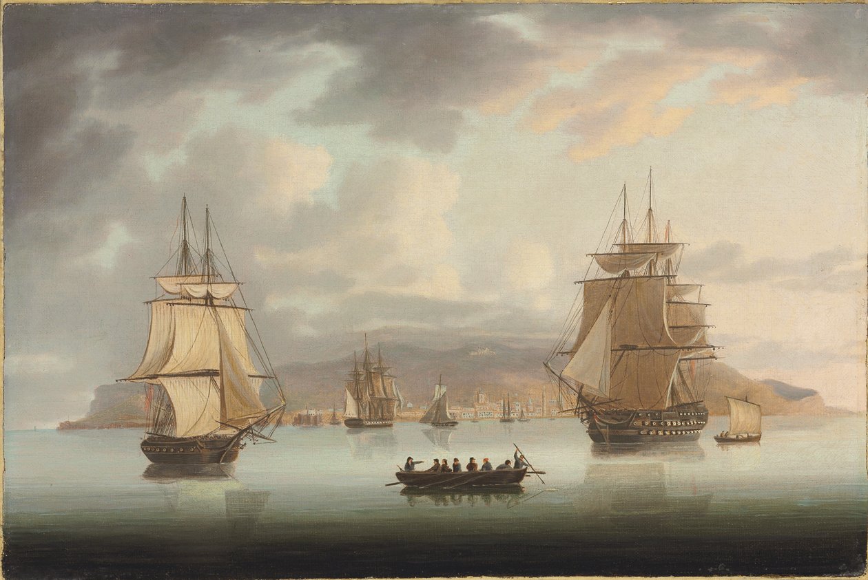 Funchal Roadstead, H.M.S. Blenheim agárral és Harrierrel Outward Bound, 1805 alkotó: Thomas Butterworth