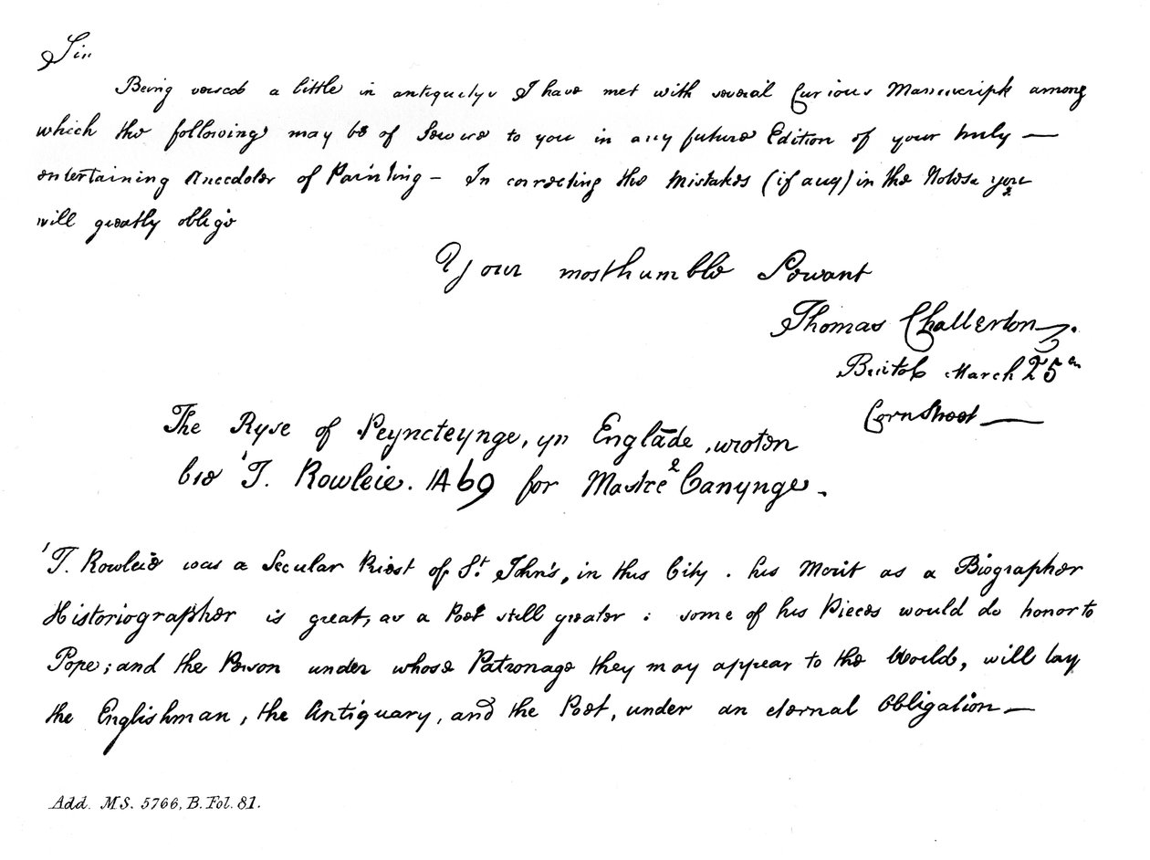 Thomas Chatterton Horace Walpole-nak írt levelének egy része, 18. század vége, 1840 alkotó: Thomas Chatterton