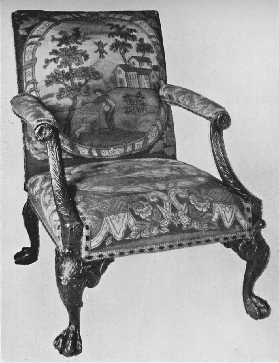 Chippendale mahagóni karosszék kézimunka kárpitozással, 18. század közepe, 1928 alkotó: Thomas Chippendale