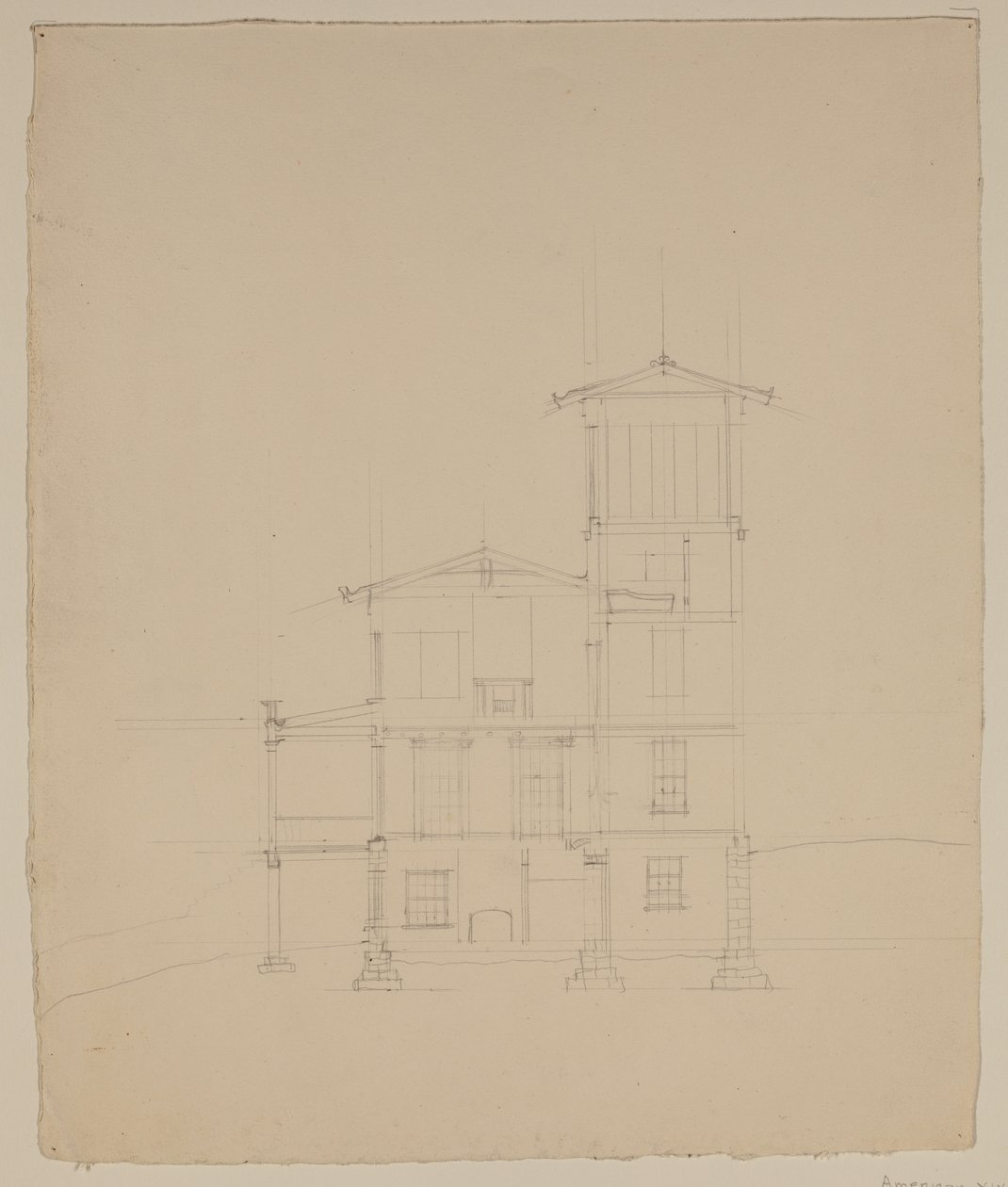 A Catskillben tervezett villa rajza, 1801-48 körül (grafitceruza törtfehér szőtt papíron) alkotó: Thomas Cole
