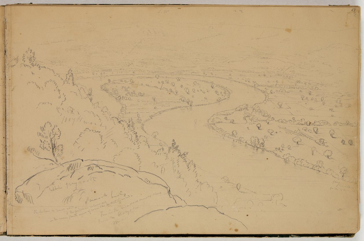 Panoráma a holtágról a Connecticut folyón, a Holyoke-hegyről nézve, 1832 körül (ceruza papíron) alkotó: Thomas Cole
