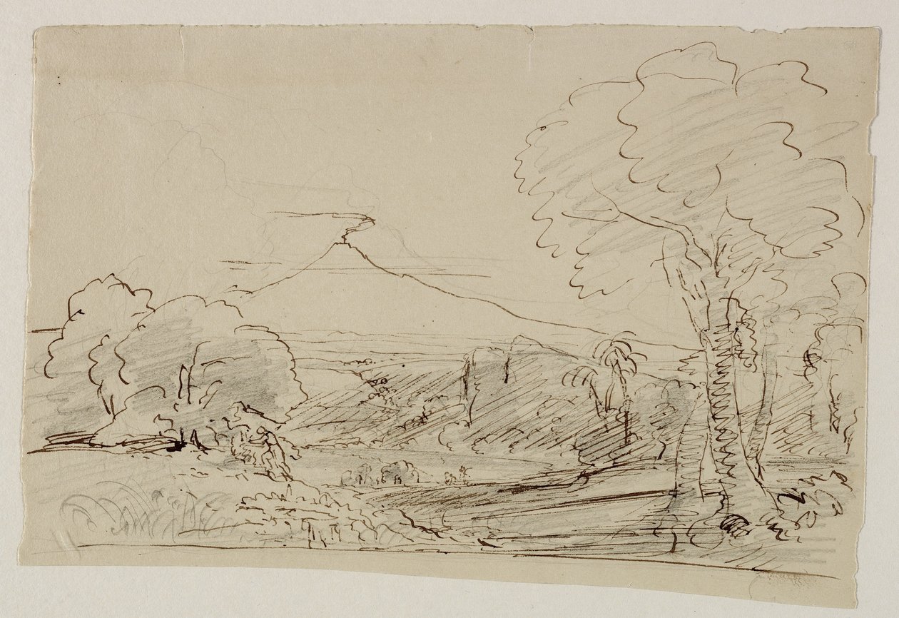Vulkán, tó, vadászó alak, 1846-47 (toll és tus ceruzával, papír) alkotó: Thomas Cole