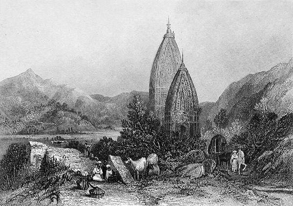 Mahadeo hindu templomai a Sivalic-hegységben, India, vésette E. Finden, a "World Religion"-ból, kiadó: A. Fullarton & Co. (metszet) alkotó: Thomas Colman (after) Dibdin