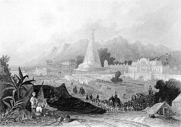 A Nagy Templom, Hurdwar, hindu zarándokok körmenetével, W. Finden metszetével, a „World Religion”-ból, kiadó: A. Fullarton & Co. (metszet) alkotó: Thomas Colman (after) Dibdin