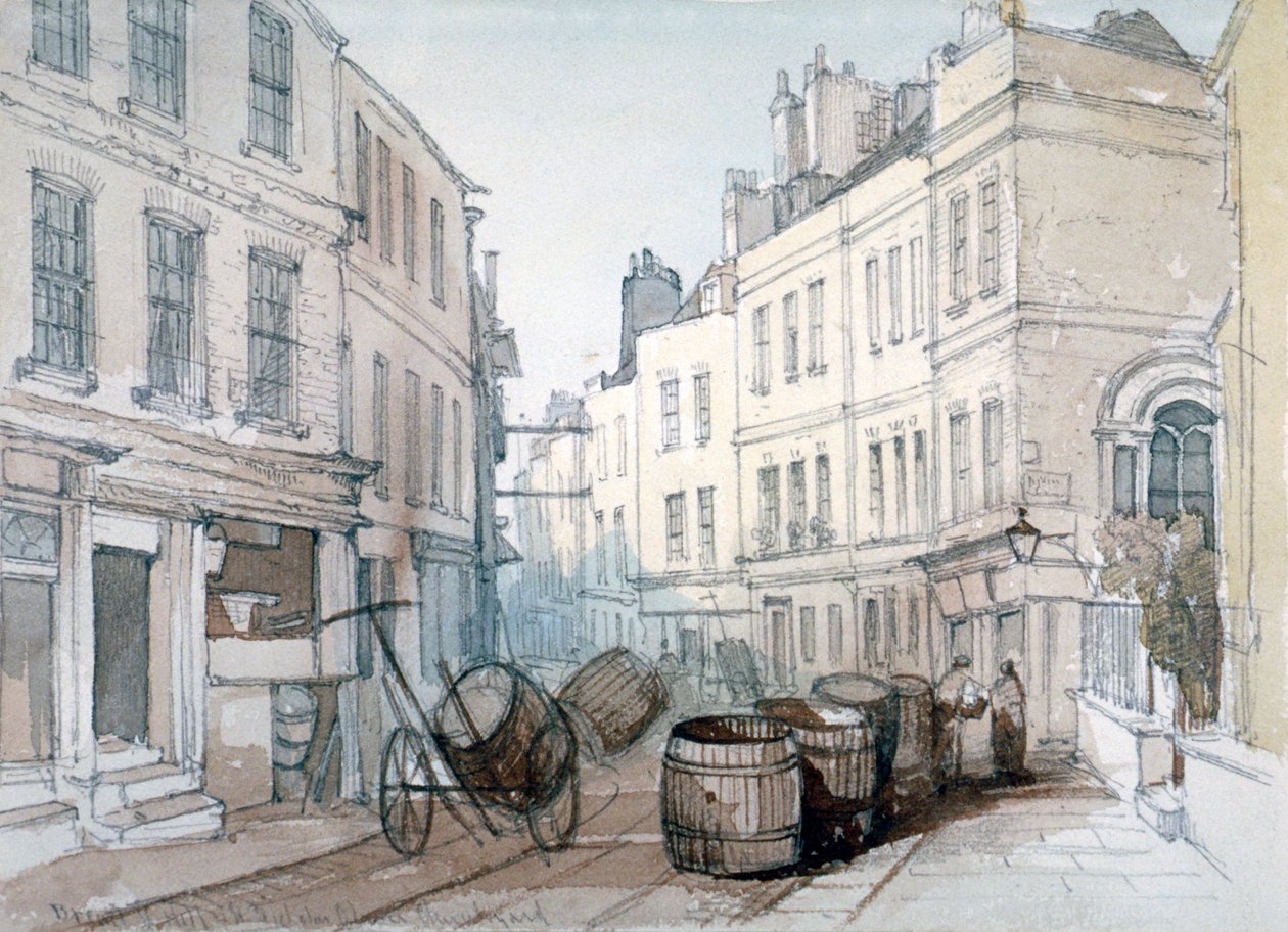 Bread Street Hill és St Nicholas Olave Churchyard, City of London, 1850 körül alkotó: Thomas Colman Dibdin