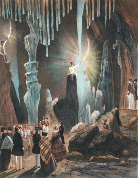 Szent Mihály-barlang, Gibraltár, a „Select Views of the Rock and Fortress of Gibraltar”, 1846-ban megjelent (színes litho) alkotó: Thomas Colman Dibdin
