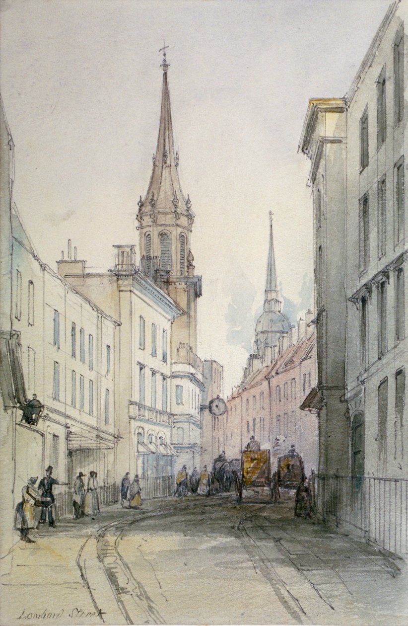Kilátás a Lombard Street mentén, kelet felé, figurákkal és hintókkal, London városa, 1851 alkotó: Thomas Colman Dibdin