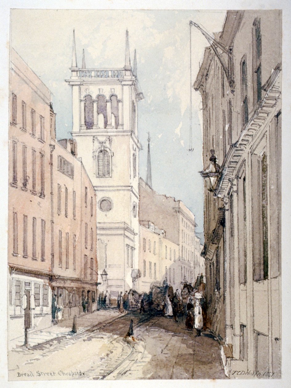 Kilátás az All Hallows Churchre, épületekre és alakokra a Bread Streeten, London City, 1851 alkotó: Thomas Colman Dibdin