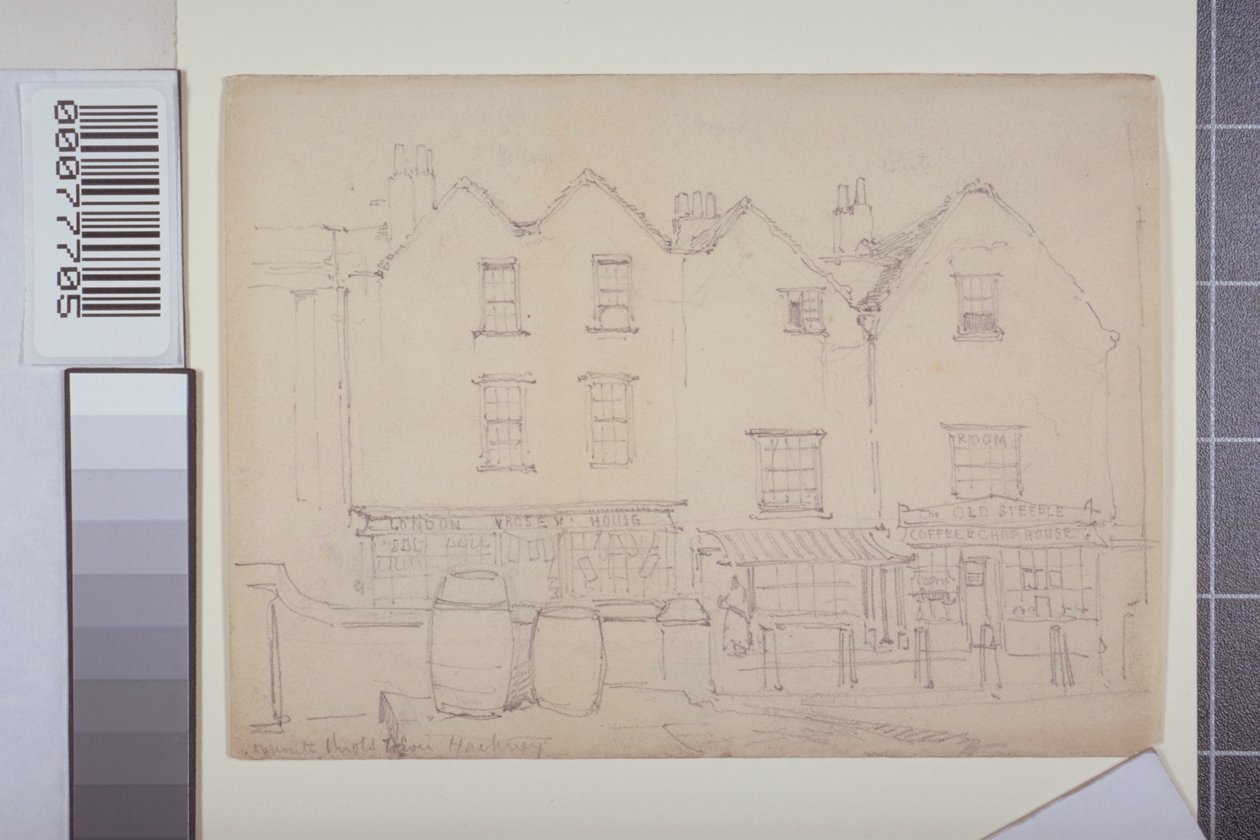 Kilátás az épületekre a Church Streeten, Hackney, 1835 körül alkotó: Thomas Colman Dibdin