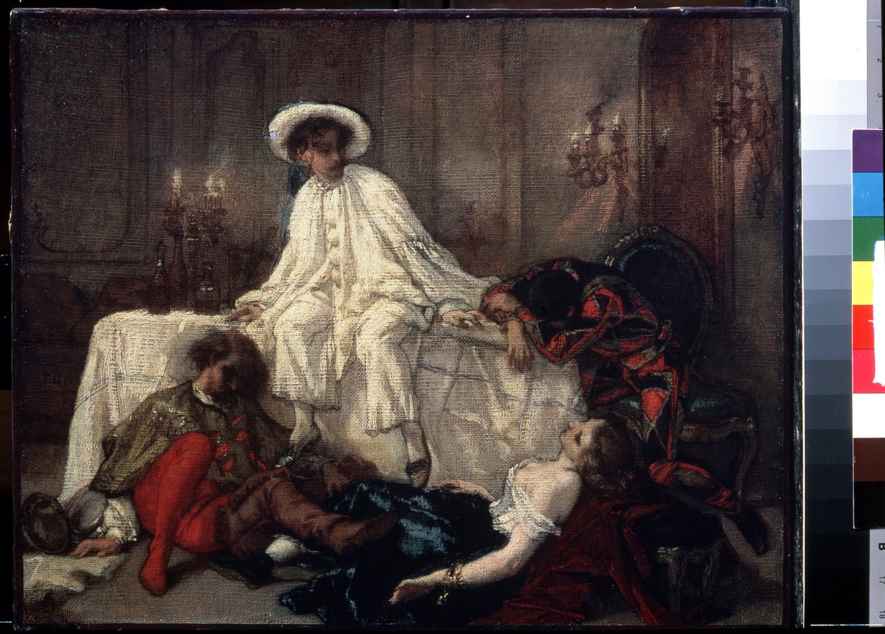 ""After the masked bál"" (After the maskarade) A buli vége négy álcázott szereplő hanyatlott vagy elnyúlt egy nyüzsgő este végén. Thomas Couture (1815-1879) festménye 1850 körül, Puskin Múzeum, Moszkva alkotó: Thomas Couture