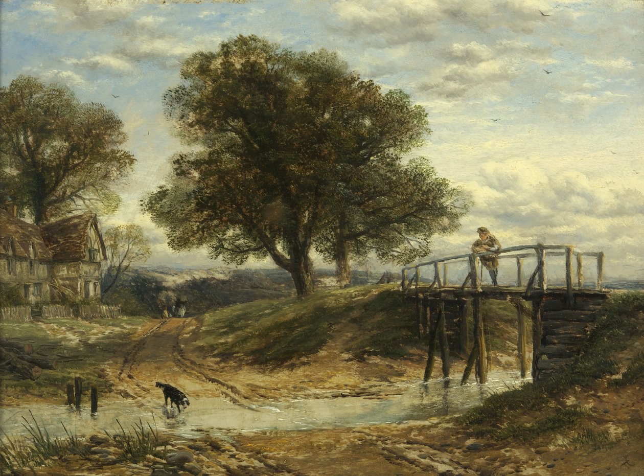 Táj patakkal, híddal és kunyhóval (olaj a panelen) alkotó: Thomas Creswick