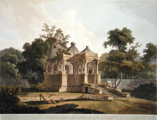 Egy ősi hindu templom a Rotas erődben, Bahar, 12. kép a "Keleti tájképek" című kötetből: Twenty Four Views in Hindoostan", megjelent 1796-ban (színes litográfia). alkotó: Thomas Daniell