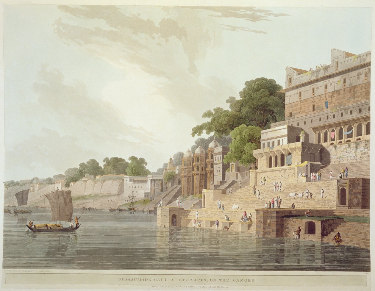 Dusasumade Gaut, Benaresben, a Gangesz folyó partján, a "Keleti tájképek"-ből: Huszonnégy nézet Hinduisztánban", 1796. alkotó: Thomas Daniell
