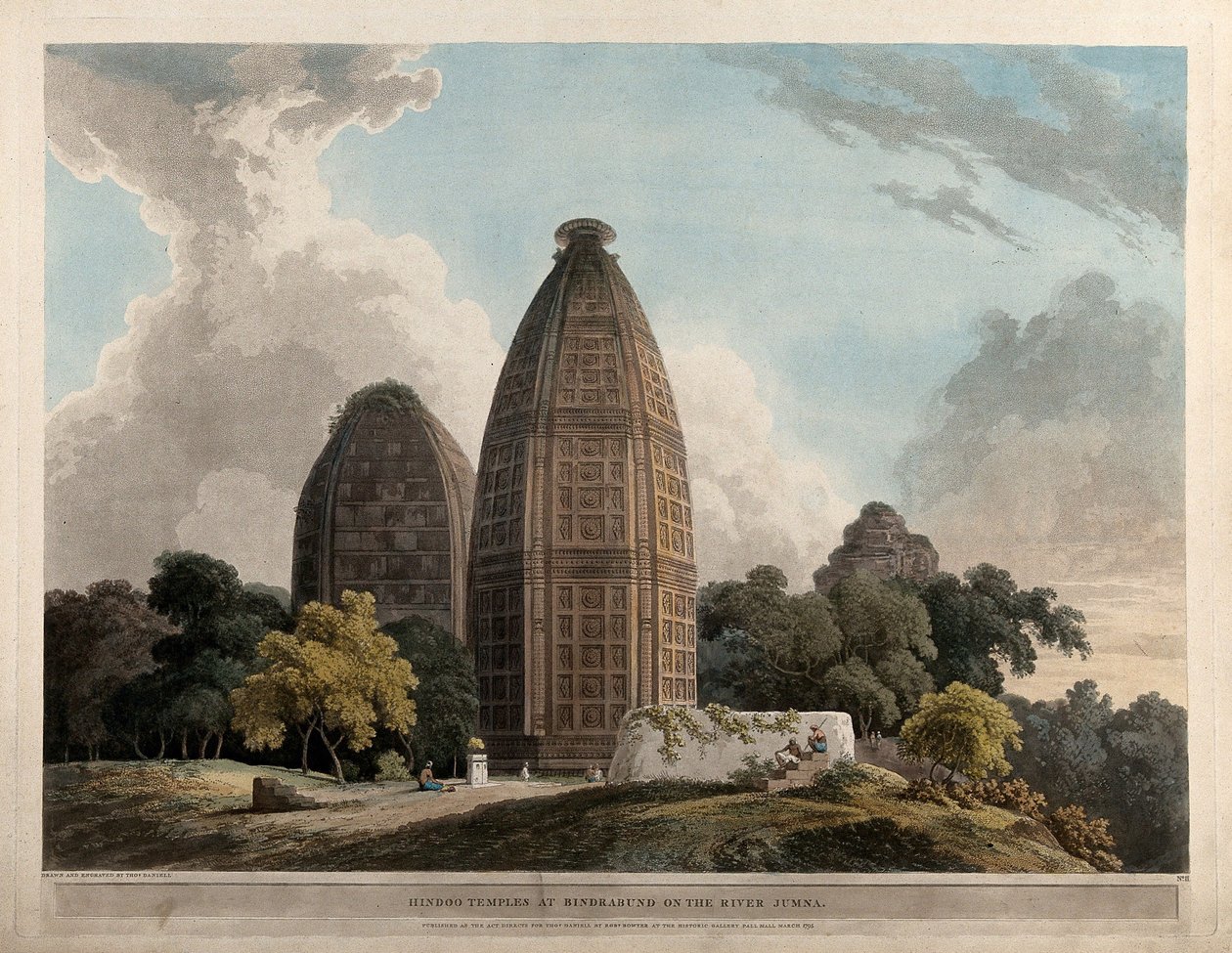 Hindu templomok Bindrabundban a Jumna folyónál alkotó: Thomas Daniell
