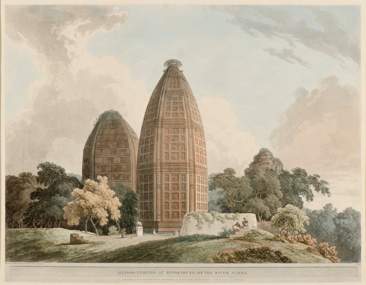 Hindu templomok Bindrabundban a Jumna folyón alkotó: Thomas Daniell