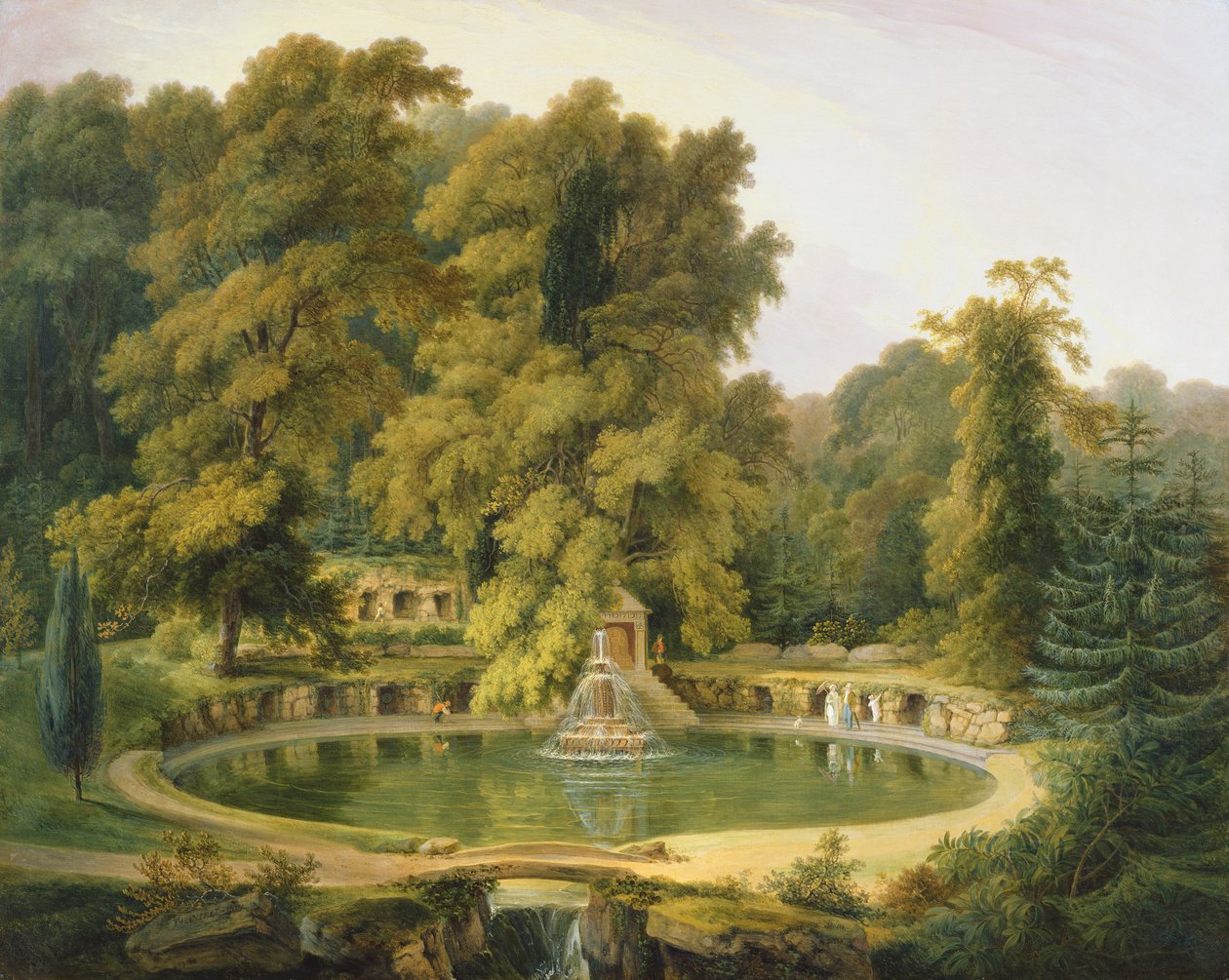 Templom, szökőkút és barlang a Sezincote parkban alkotó: Thomas Daniell
